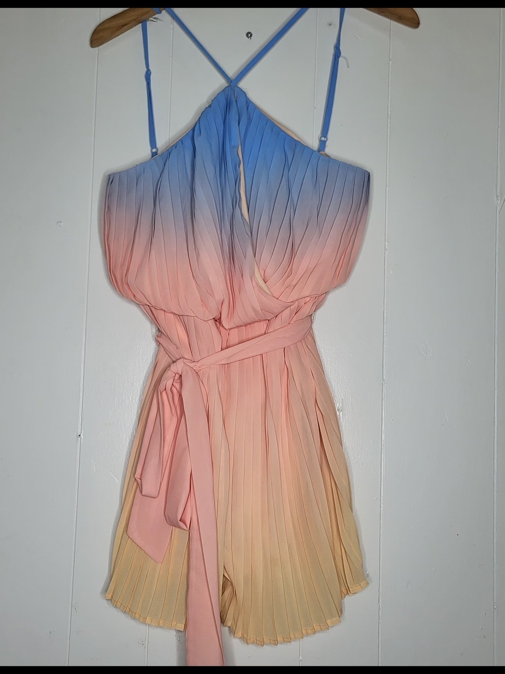 Ombre Pleated Halter Romper - Blue to Peach